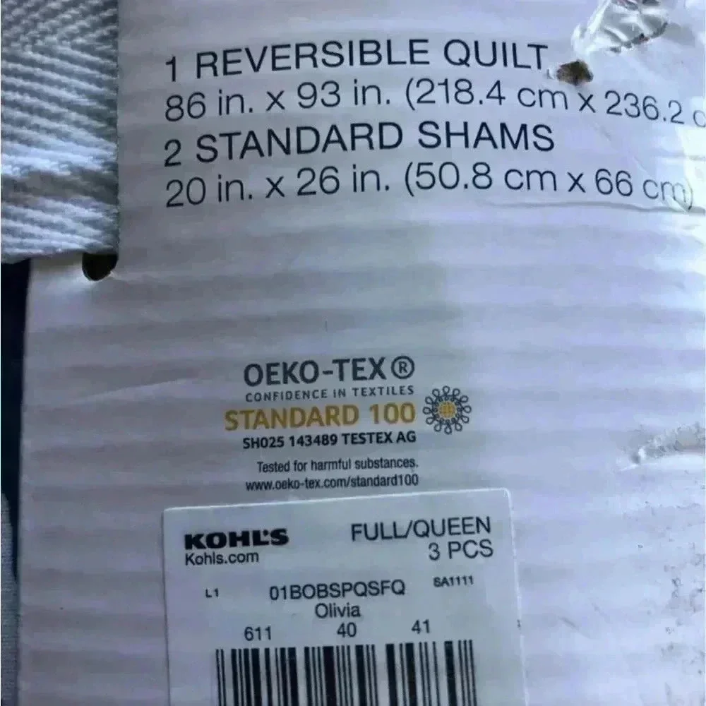 Kohl’s Big One Reversible Olivia Quilt Set w/2 Shams Blue geometric pattern F/Q